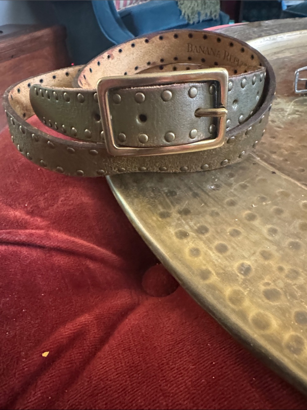 Banana Republic Olive Green Studded Leather Belt with Brass Buckle